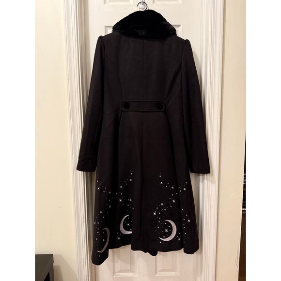 Hell Bunny Long Coat Moons Stars Faux Fur Collar L Large Interstellar - Picture 2 of 8